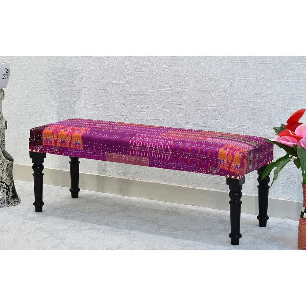 Latest Best Modern Design Multipurpose Joy Sitting Bench Settee with Pink Printed Kantha Gudri Patchwork Upholstery Bench