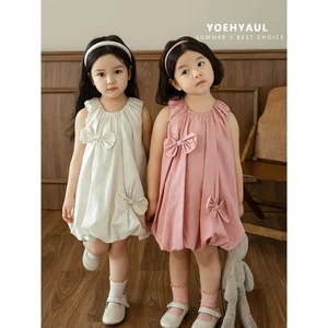 YOEHYAUL X4522 Boutique Summer Kids Cotton Dresses for Girls with 3D Bows White Black Sleeveless Sweet Princess Child Dress Kids