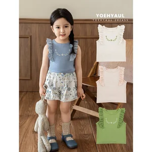 LX0211 YOEHYAUL Cotton Pleated Elegant Girl Children's Blouse for Kids Vintage Digital Printed Floral Kids Blouse T Shirt Girl