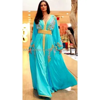 Shiny Blue Embroidered Kaftan With Belt
