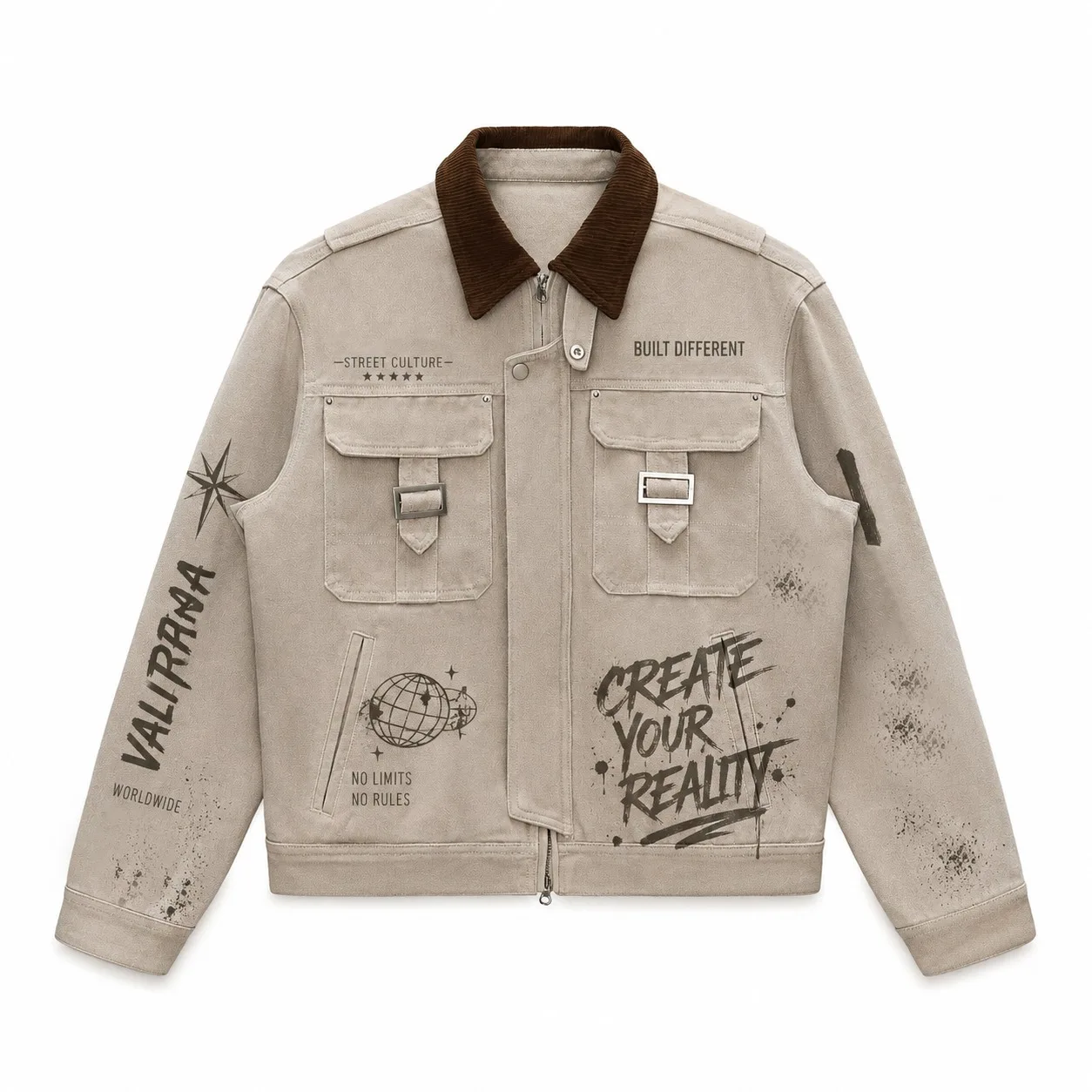Custom Vintage Streetwear Jacket With Corduroy Collar Graphic Print Multi Pocket Casual Fashion Outerwear For Unisex Wear