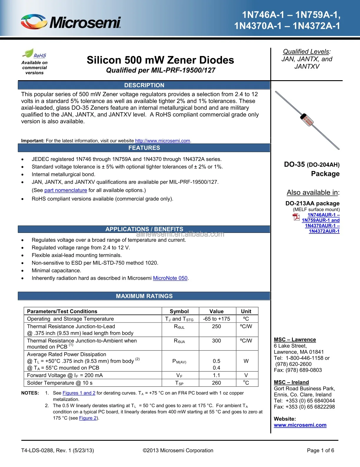 Hot sale Original JAN1N752A-1 DIODE ZENER 5.6V 500MW DO35 Zener Diode 5.6 V 500 mW Through Hole DO-204AH (DO-35)