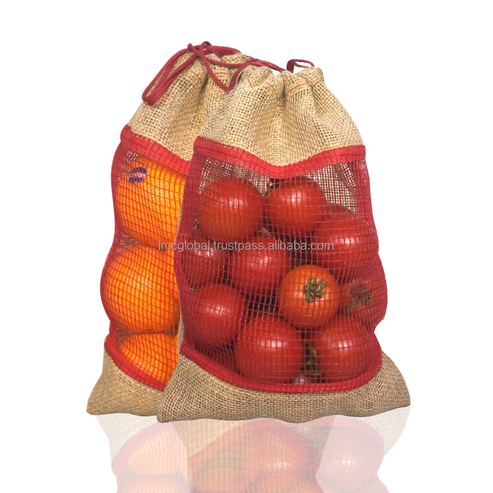 Easy To Carry Vegetables Jute Red Mesh Non Woven Customized Logo Jute