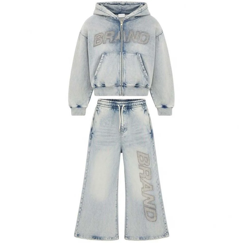 Custom Acid Wash French Terry Tracksuit Set Zip Hoodie and Flared Sweatpants with Rhinestone Brand Logo Lightweight Streetwear