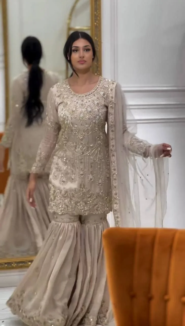 Latest Designer Heavy Georgette Embroidery Party Wear New Fancy Top-Dupatta Fully Stitched Gharara Salwar Fashion Style Kurti