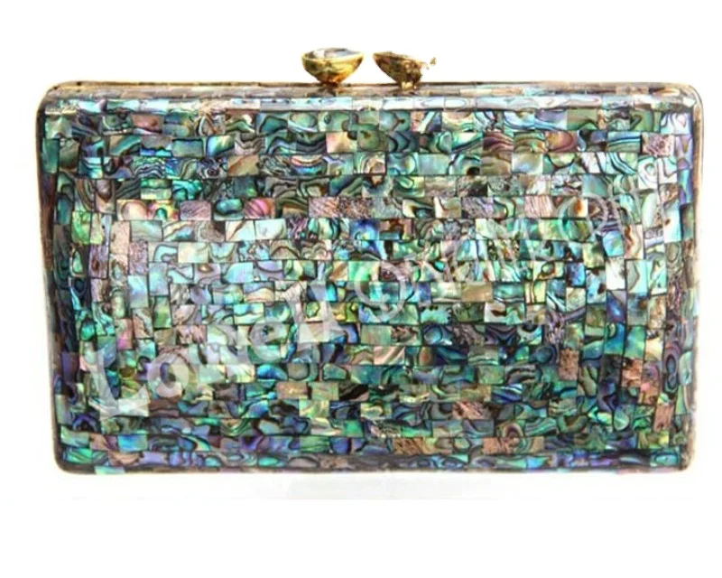 Glowing Aqua Abalone Shell Mop Slim Frame Evening Bag Handbag Clutch Purse  Bag