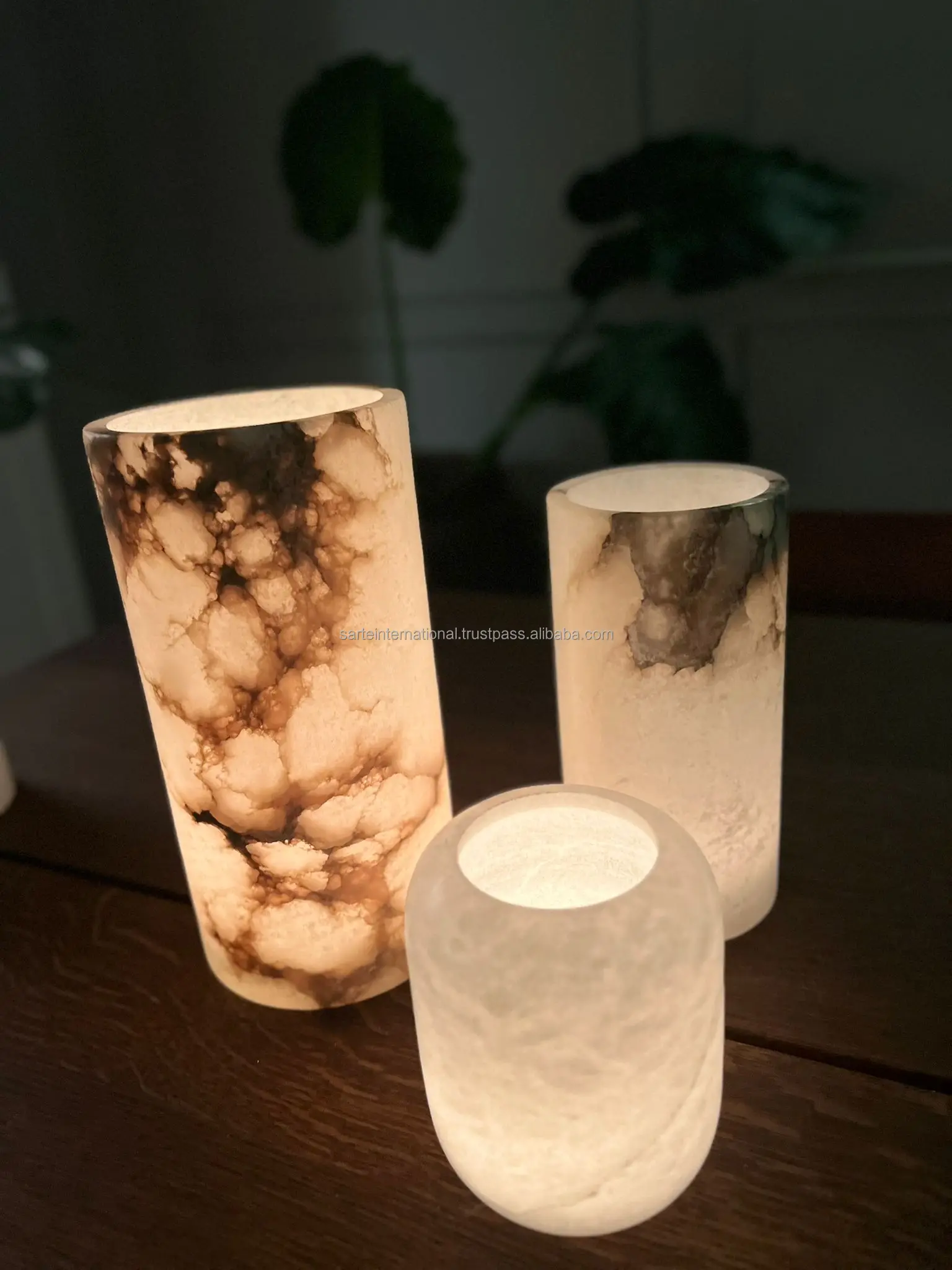 Egyptian White Alabaster Stone Cylinder Alabaster Candle Holder Middle