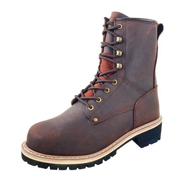 Brown  Steel Toe Boots Loggers Outdoor Woodland Crazy -horse Leather Rubber Outsole Goodyear Welt Working Shoes