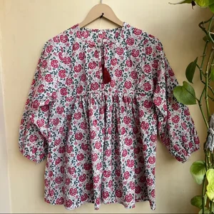 Floral Block Print Tunic Top Deep Neck with String Closer Hand Block Print Mandarin Collar Long Sleeve Floral Print Casual Top