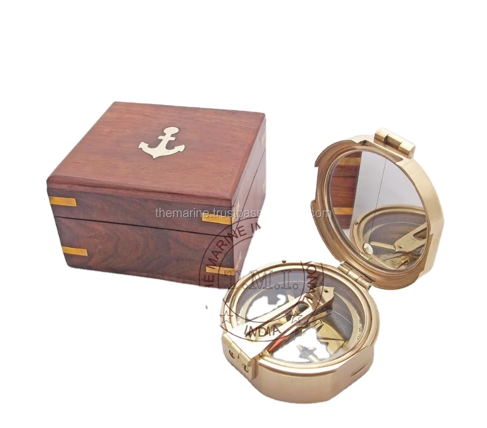 Brass Polished Nautical Brunton Compass With Wooden Box Marine Compass 