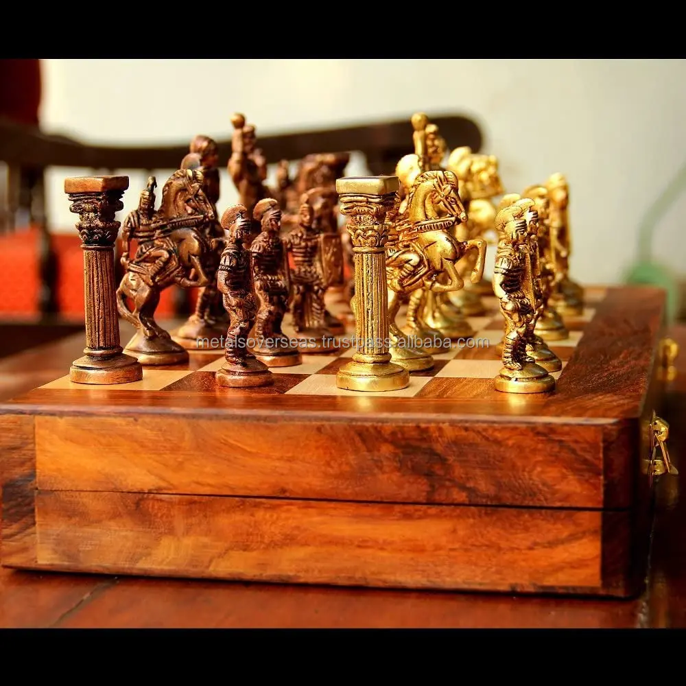 Premium Roman Chess Set with Brass Sculpted Pieces in Ancient Roman Style and Wooden Board for Kids Professionals and Adults