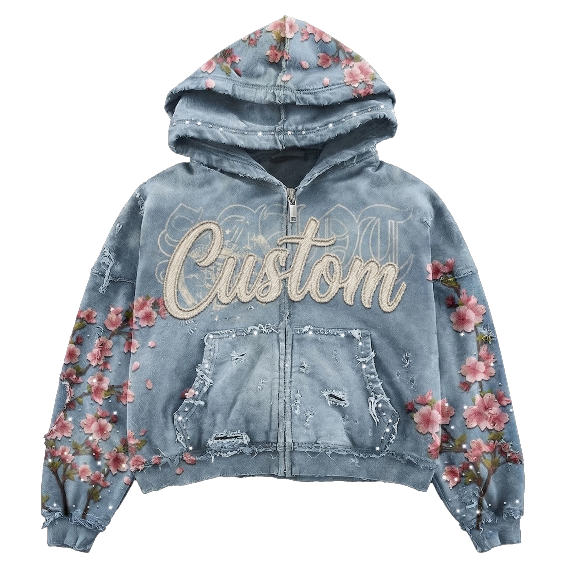 Glory Custom Print Acid Wash Patched Embroidery Double Hooded Zipper Up Hoodie Trendy Look Oversized Hoodie For Streetwear