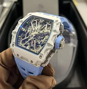 Luxury Men's Tourbillon Sports Watch Light Blue Rubber Strap Skeletonized Mechanical Design High-end Business Automatic Watches