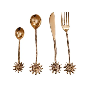 unique design flatware set Brass Long Full Ribbed Ethical Sun Face Design Cutlery Set Handmade Handle spoon Flatware Set