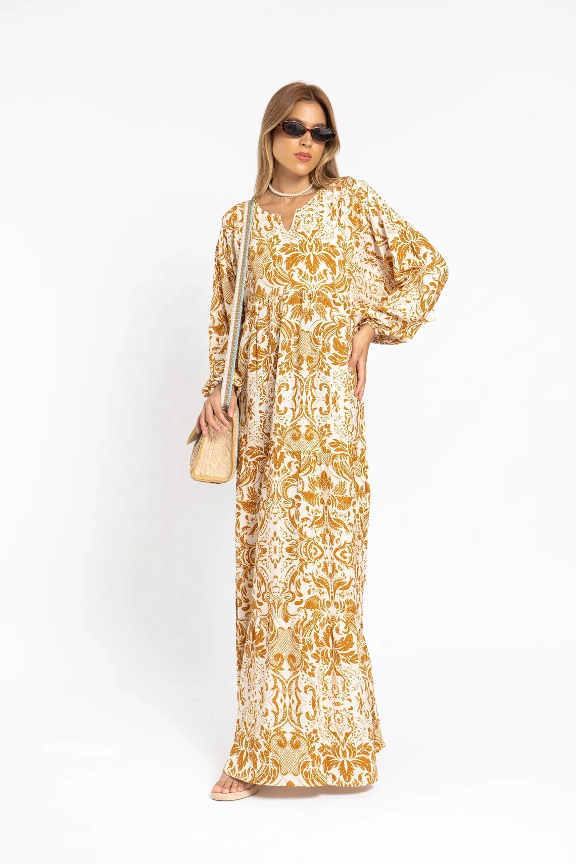 Breezy Puffy Sleeves Mustard Yellow Print Caftan Dress for Women