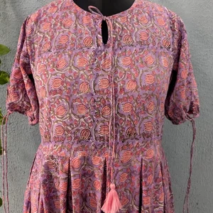 Ethnic Trendy Wear Indian Cotton Block Print Long Gown Dress Mandarin Collar Puff Sleeve Floral Print Long Maxi Dress For Women