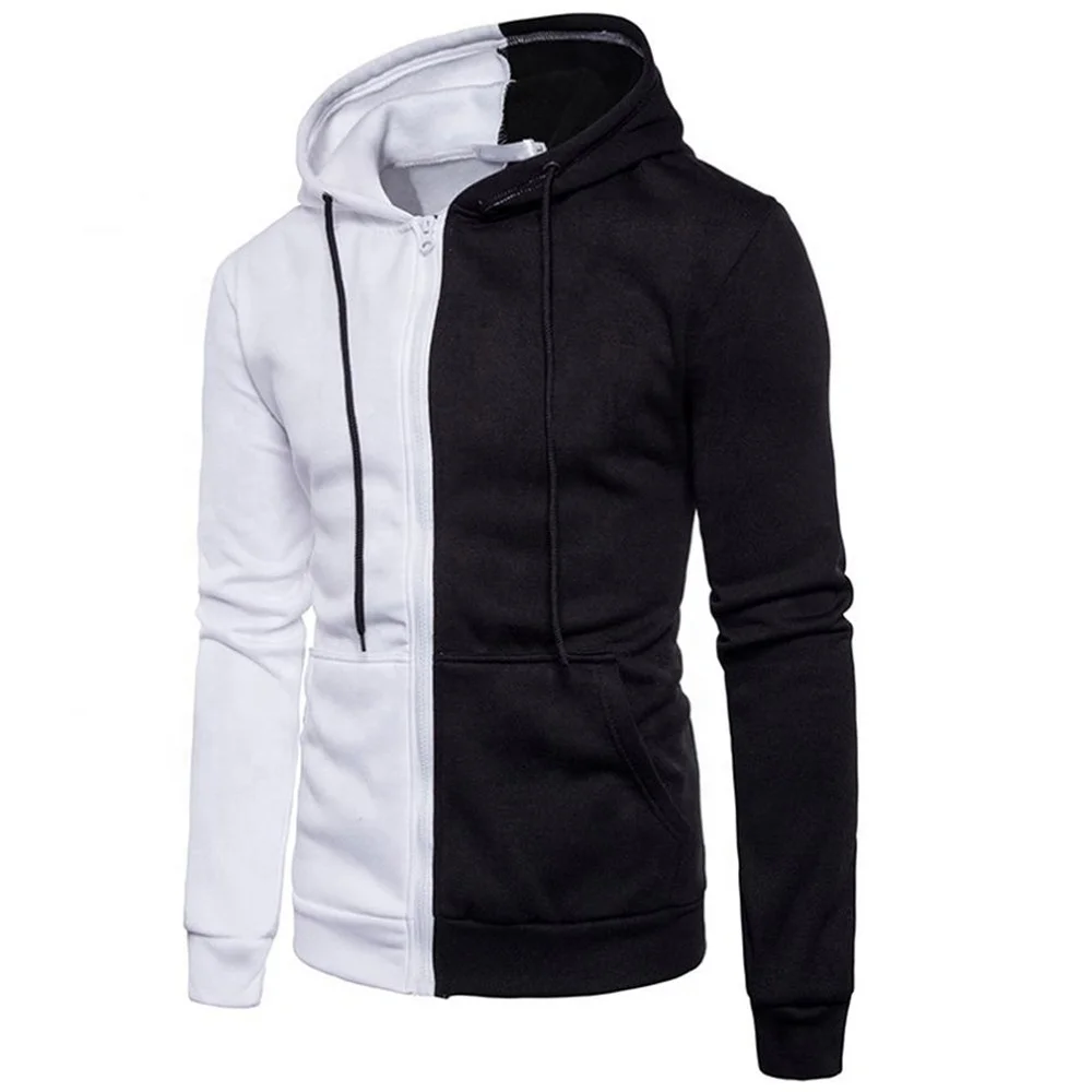 Mens Custom Brand Simple Stylish Warm Long Sleeve Kangaroo Pockets Two Tone Zipper Hoodie
