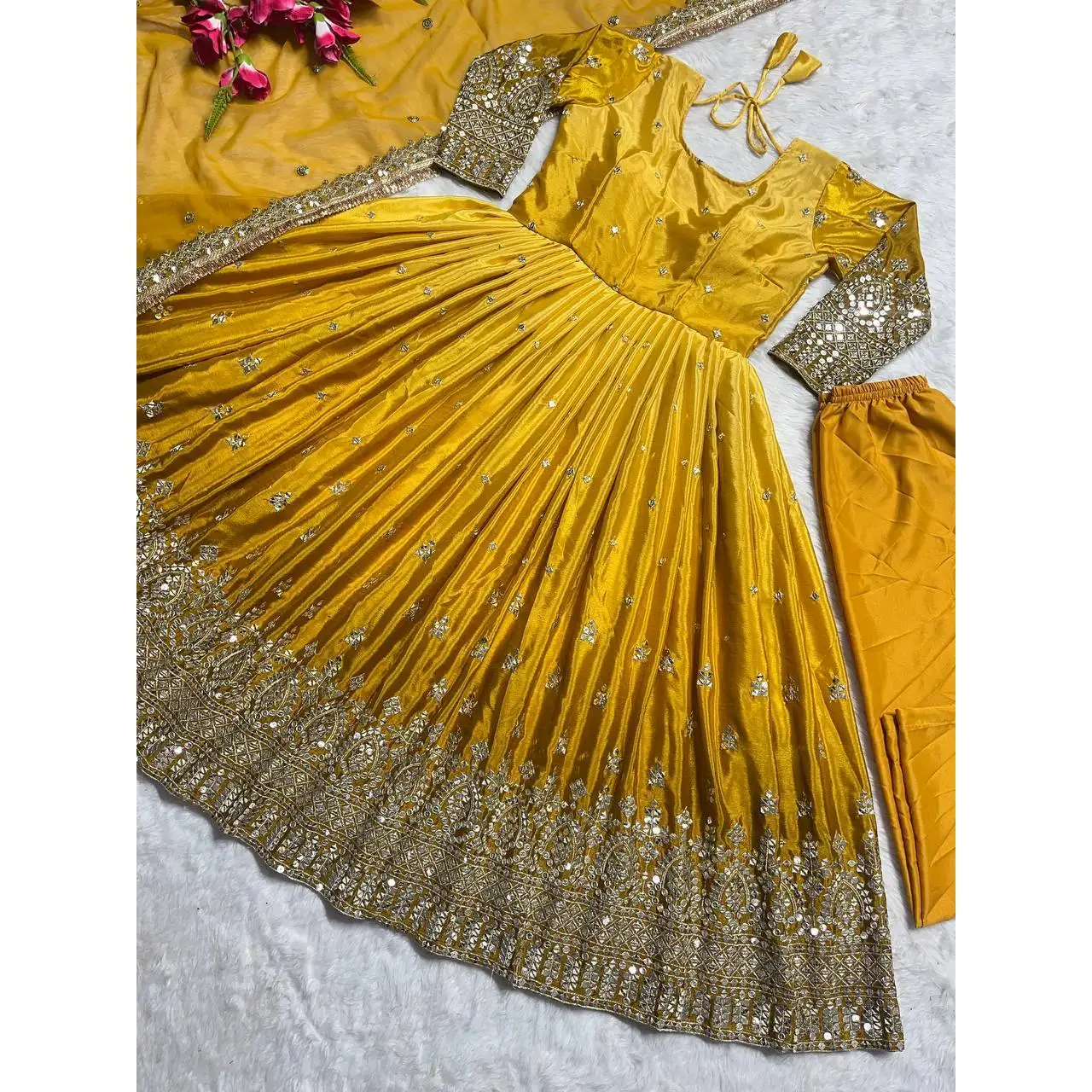 gold colour anarkali dress Yellow Golden Heavy Embroidered Floor touch Kalidar Anarkali Yellow / Thread / Georgette