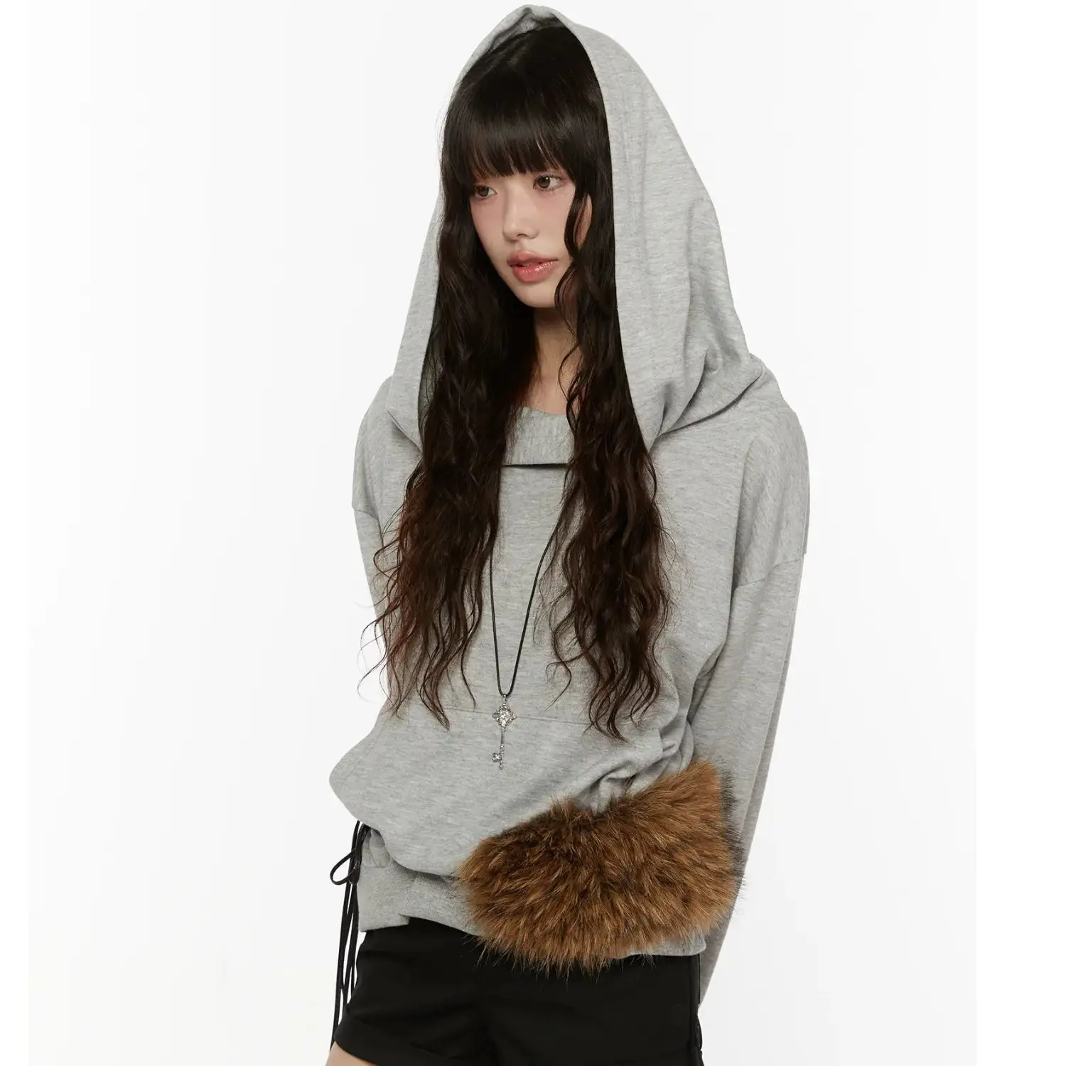 Womens Grey Off Shoulder Hooded Top Faux Fur Pocket Long Sleeve Fleece Sweatshirt Two Way Cowl Neck Streetwear Casual Y2K Hoodie