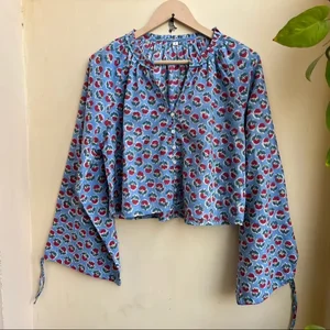 Hand Block Printed Summer Cotton Top Women Top Handmade Floral Print V-neck Long Sleeve Cotton Blouse Gift For Her