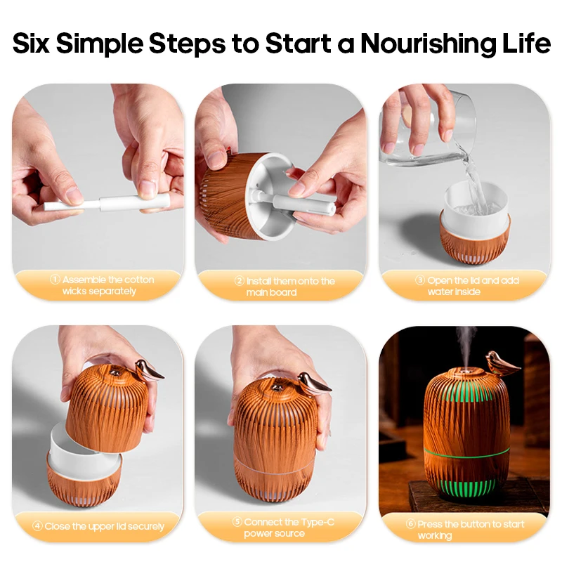 Hollow Bird Cage Air Humidifier Purifier 280ML Electric Ultrasonic Diffuse Wooden Bedroom Humificador With Night Light