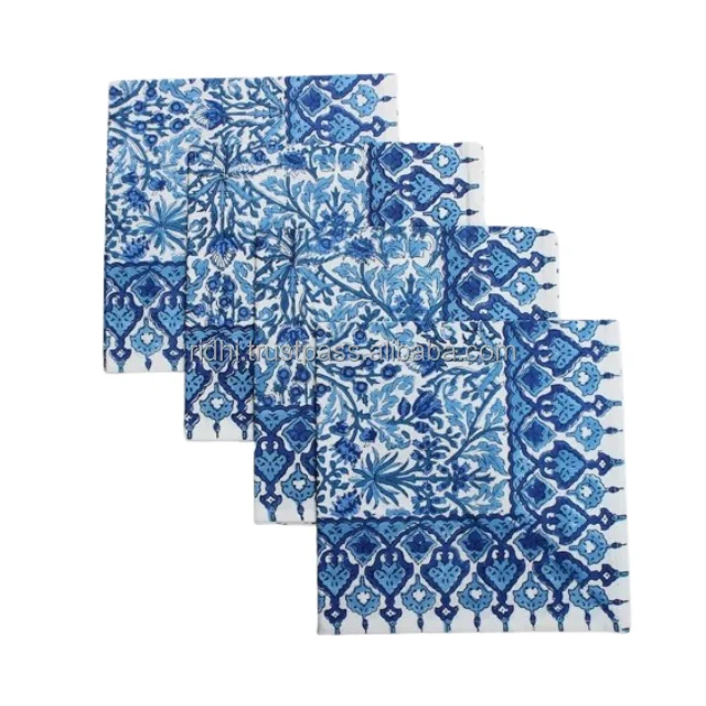 Trending 2024 Border Napkins Dark Royal Blue Indian Floral Hand Block