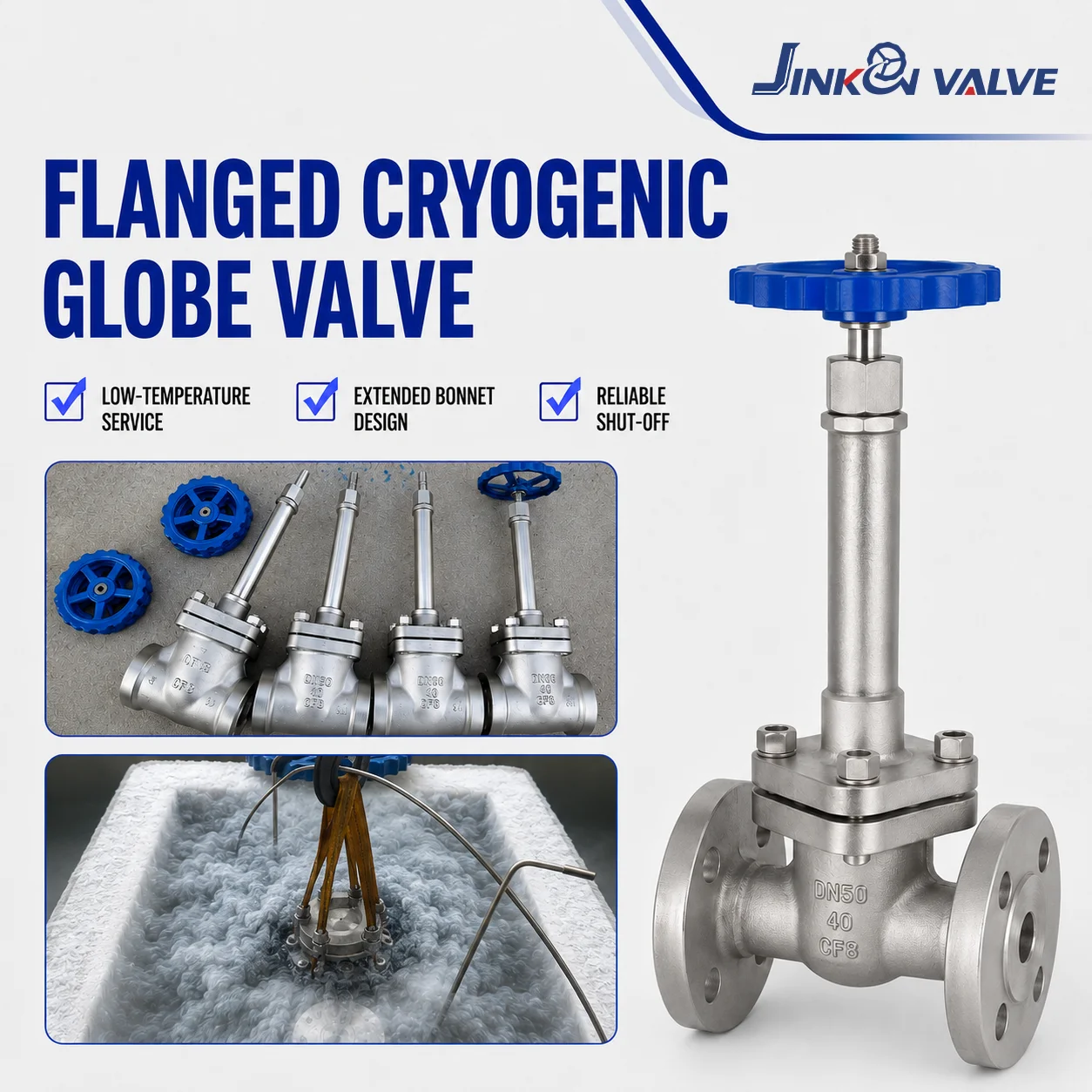 Stainless Steel Cryogenic Globe Valve Flanged Extended Bonnet Manual Shut Off LNG LOX LIN LAR Low Temperature Services