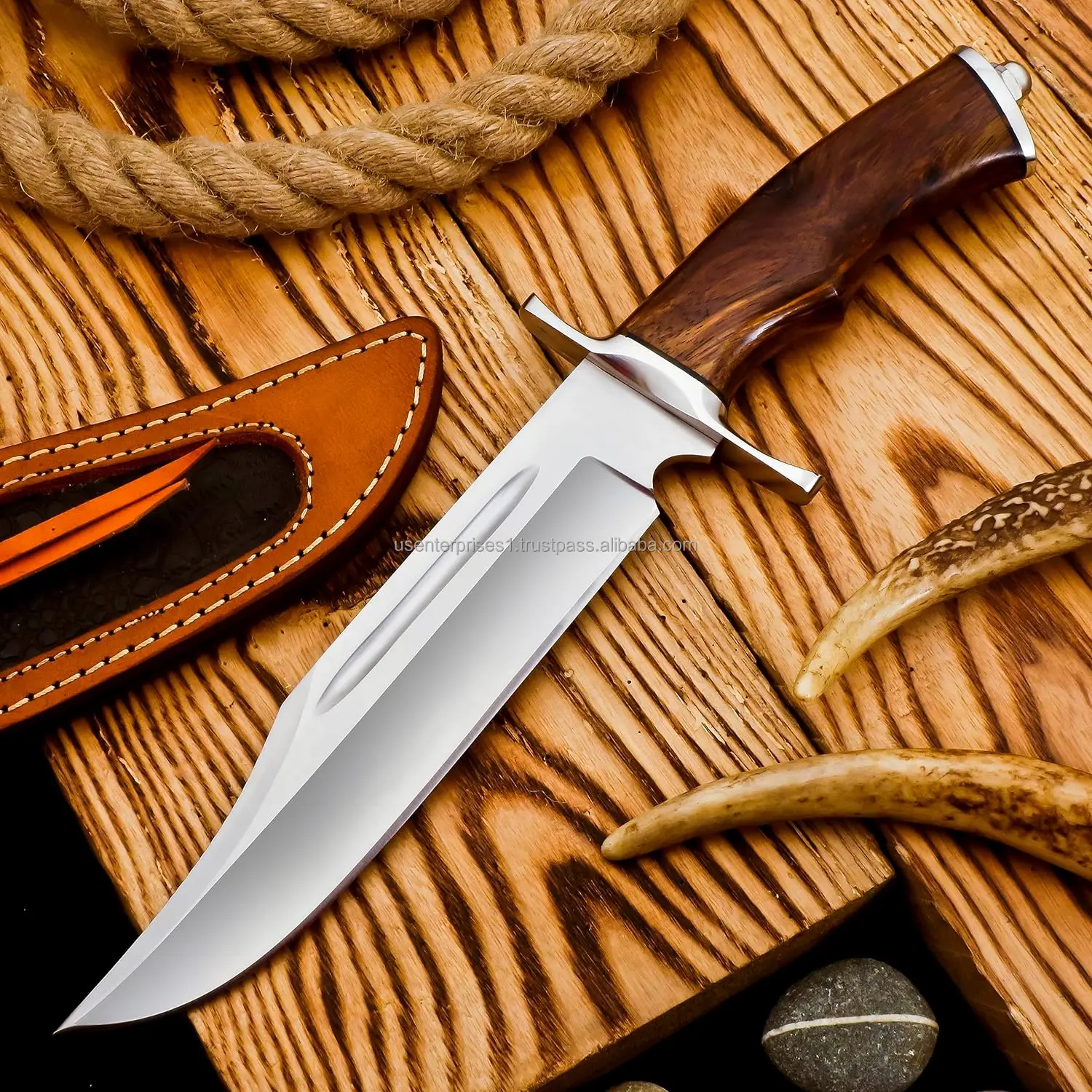 Handmade D2 Steel Hunting Knife With Rose Wood Handle And Fine Leather