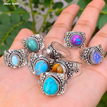 Hot Selling Natural Mix Gemstones 925 Silver Plated Rings Wholesale Bulk Moonstone Turquoise Rings