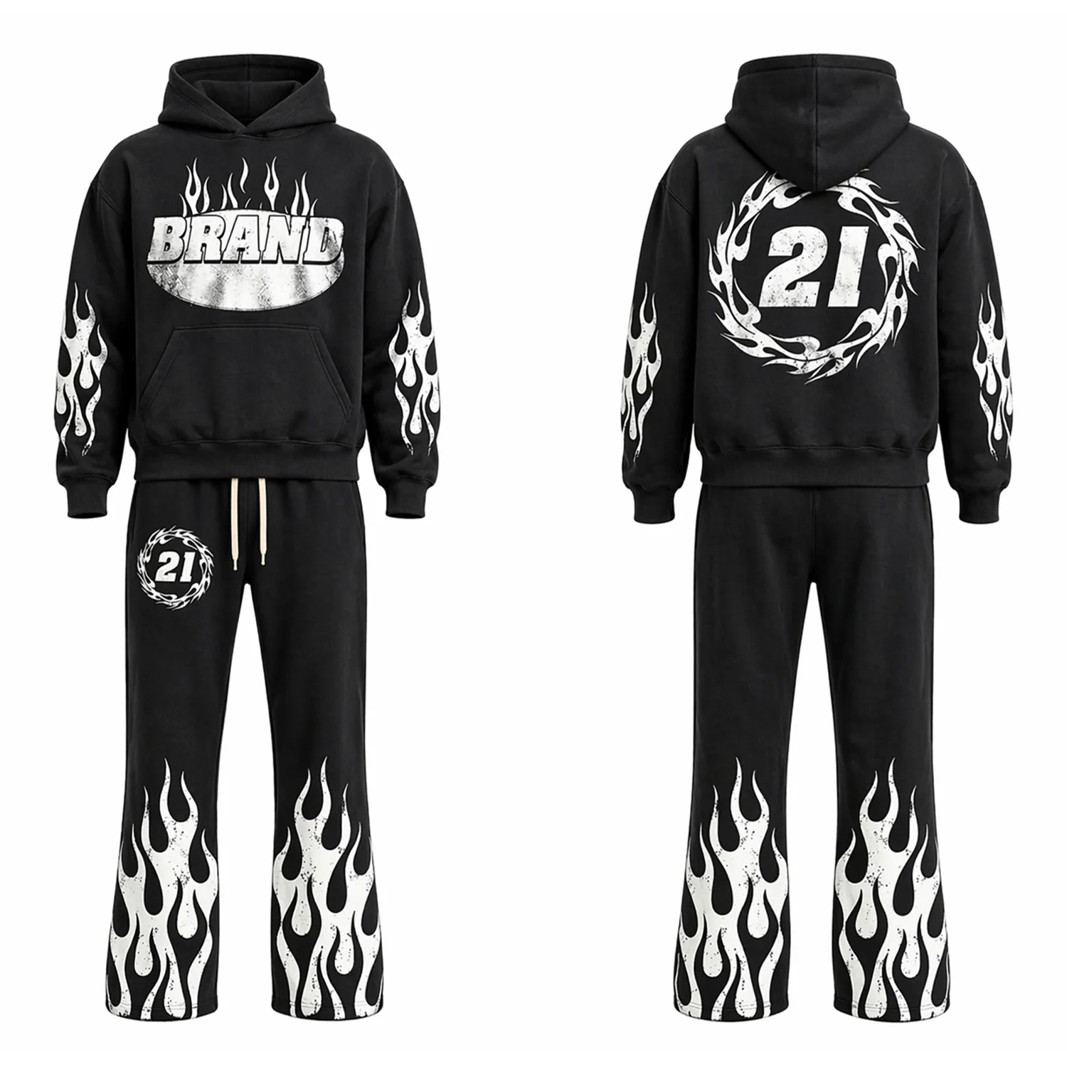 Glory Custom Acid Wash With 3D Puff Print Tracksuit High Quality Flared Sweatpants Hoodie Set For Unisex Street Wear