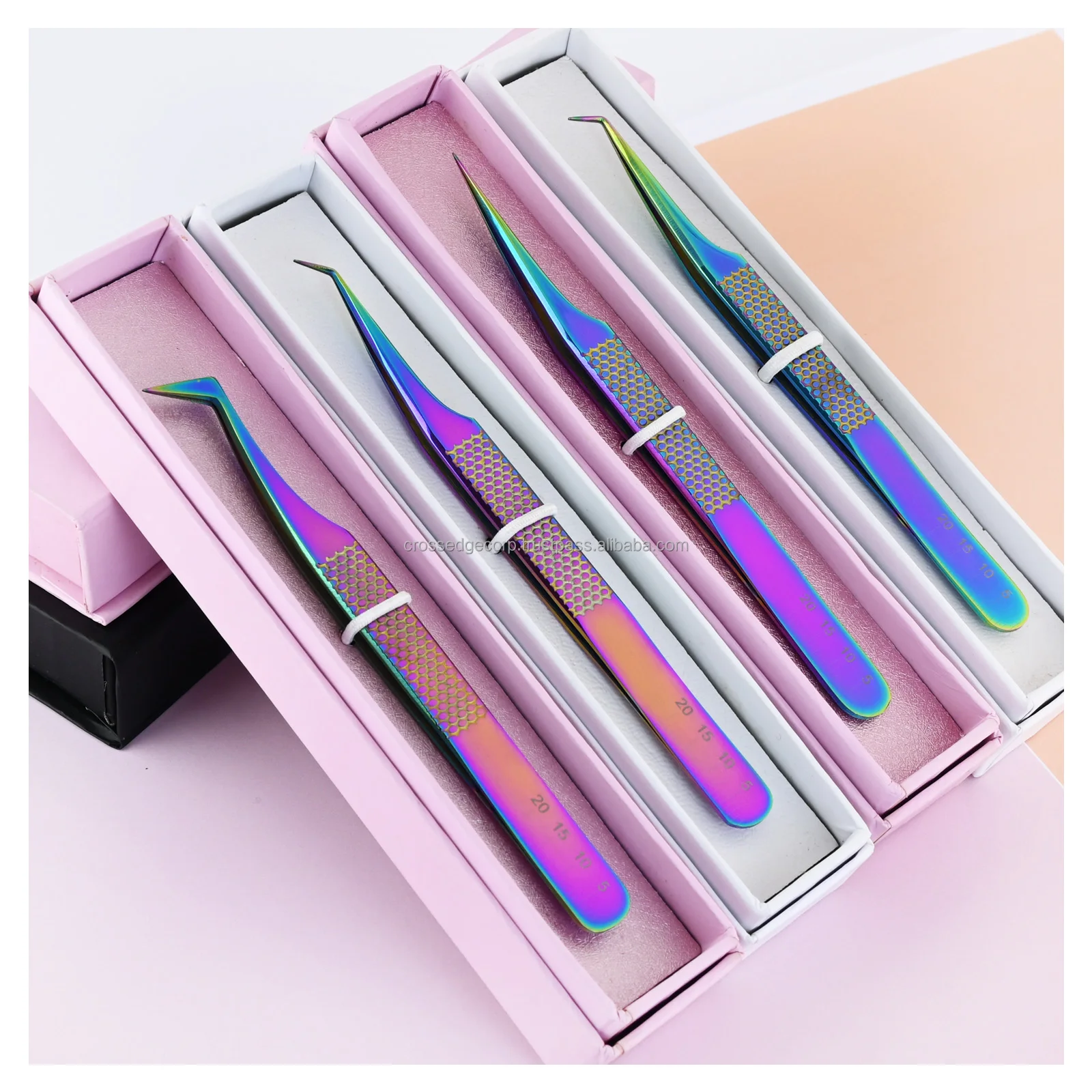 Fiber Tip Eyelash Extension Tweezers Custom Logo Pink Color Lash