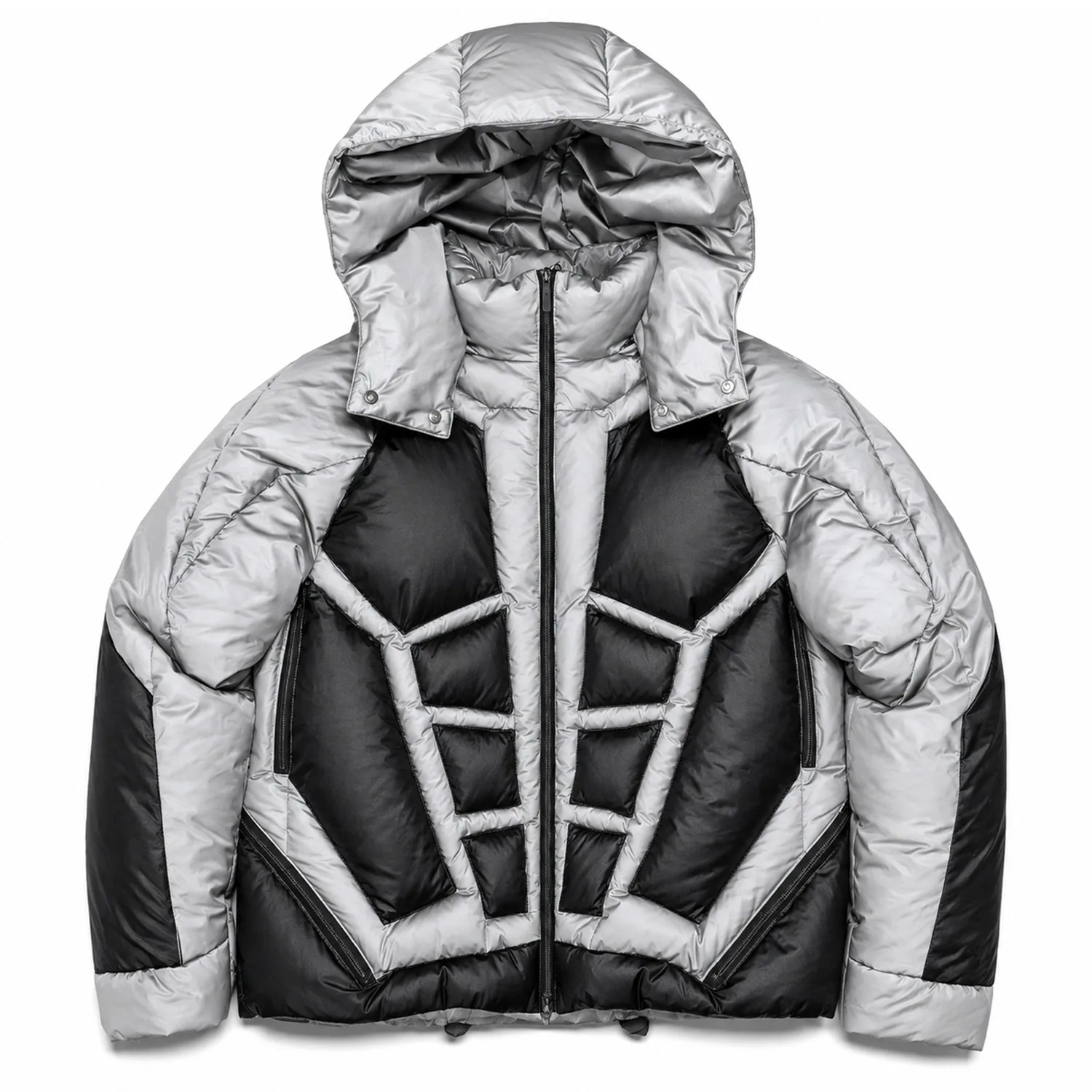 Custom Silver and Black Finished Streetwear Hooded Puffer Jacket with Zip Front Design for Unisex Winter Wear