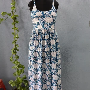 Handmade 100% Cotton Women Long Maxi Dress Light Weight O-Neck Sleeveless Block Print Partywear Dress