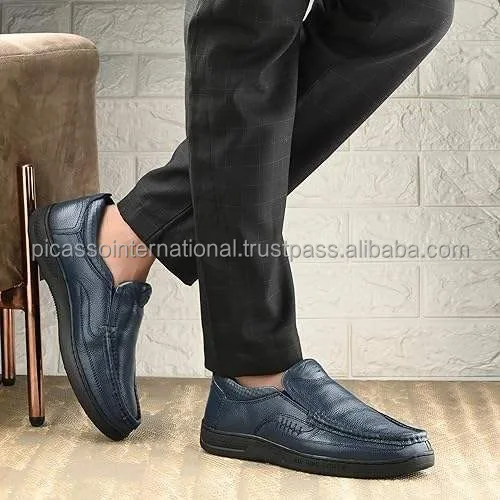 High Quality Classic Cow Hide Blue Genuine Leather Men's Dress Loafers round Style Smart Casual Party Wear Indian Supplier