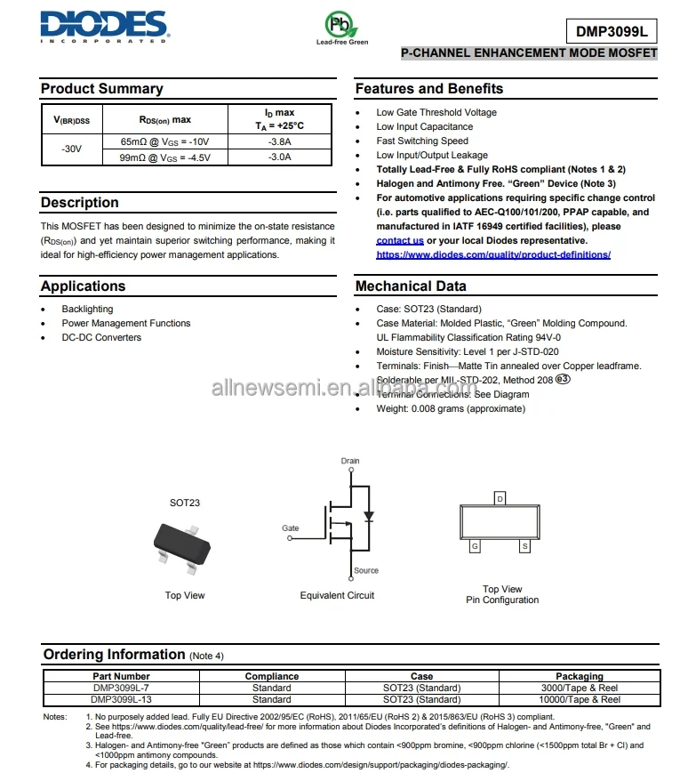 Hot sale Original DMP3099L-7 Transistor MOSFET P-CH 30V 3.8A P-Channel 30 V 3.8A (Ta) 1.08W (Ta) Surface Mount SOT-23-3