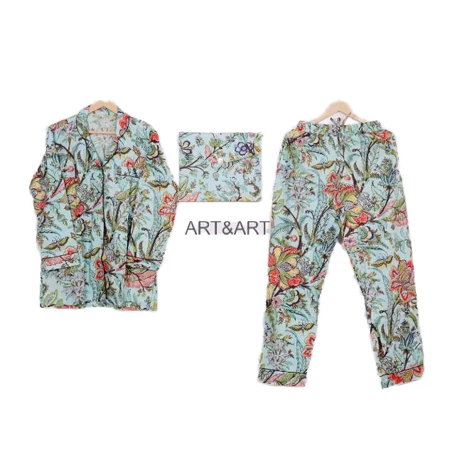 Indian Hand Block Cotton Pajama Set Stylish Fashion-Forward Night Wear for Women and Men Breathable 100% Cotton for Summer