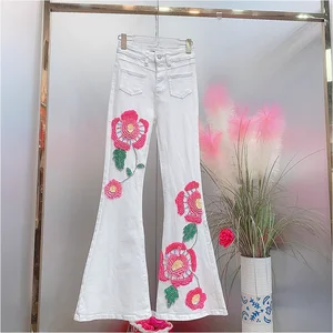 Women's Summer Casual Loose Fit Flared Jeans High Waist Heavy Embroidered Sequined Flower Denim Skinny Fit Zipper Decoration