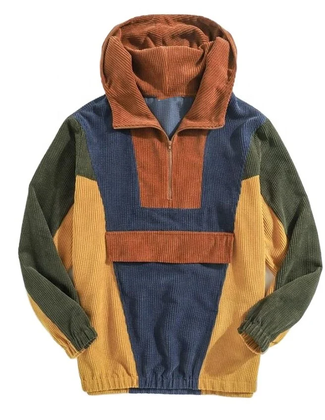 New Design Men Hoodie Mens Designer Hoodie Patchwork Corduroy Half