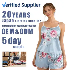 Sexy Lace Elegant Women's Pajamas Set Customizable Floral Print V-neck Sleeveless Breathable Satin Cami Shorts Sleepwear Bulk