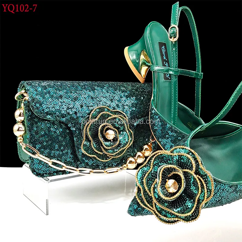 YQ102   Italian Shoe With Matching Bag for Party With Stones Wedding Shoes and Bag Set High Quality Women  Blue Color PU Leather