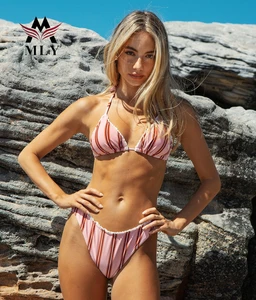 OEM Custom Printed Bikini Set Halter Triangle Top High Waist Swimsuits  Ruffle Luxury Swimwear for Women