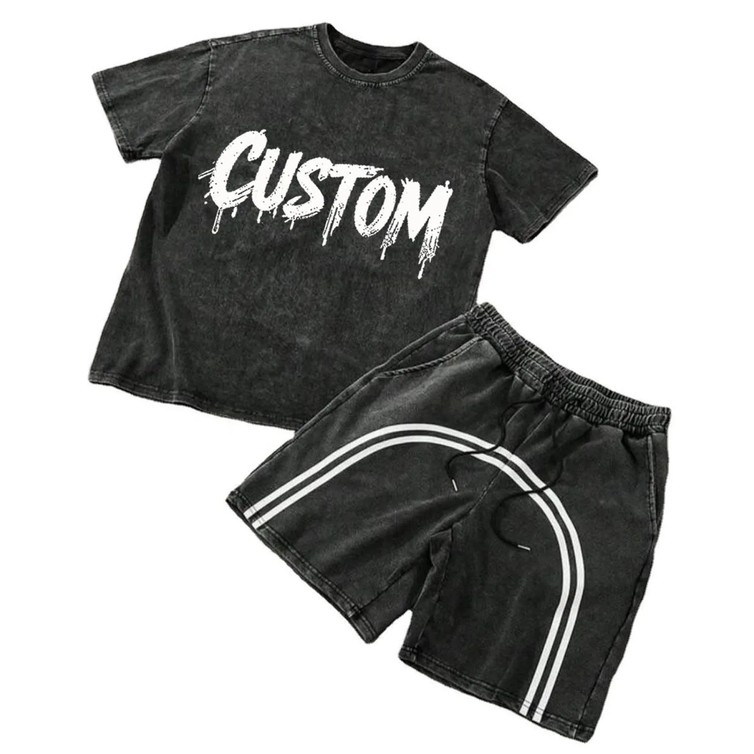 Glory Custom Acid Wash Screen Printed Shorts Set 100% Cotton Soft Breathable Fabric For Unisex Street Wear & Casual Wear