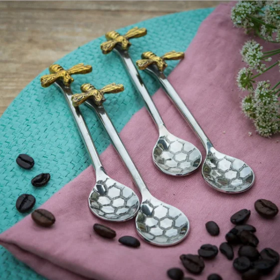 New Arrival Customised Four-Delight Gold Bee Hive Spoons Inspired by Honeycomb Design Tea Coffee Kitchen Accessories Made Metal