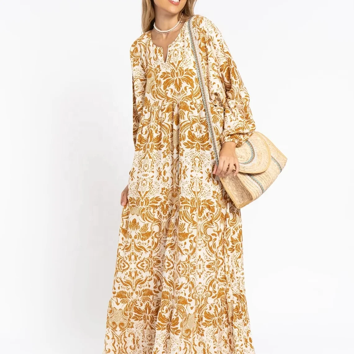 Breezy Puffy Sleeves Mustard Yellow Print Caftan Dress for Women