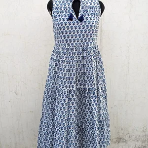 Women's 100% Cotton Summer Dress Hand-Block Printed Maxi Tier Dress Solid Pattern Sustainable For Autumn/Summer Season