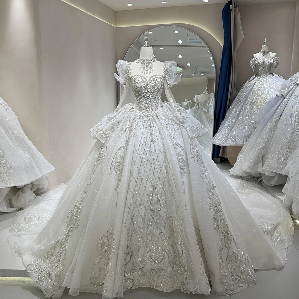 Wholesale stylish high neck empire pearls ball gown wedding dresses for girls floor-length wedding dresses party tyle wedding dresses natural