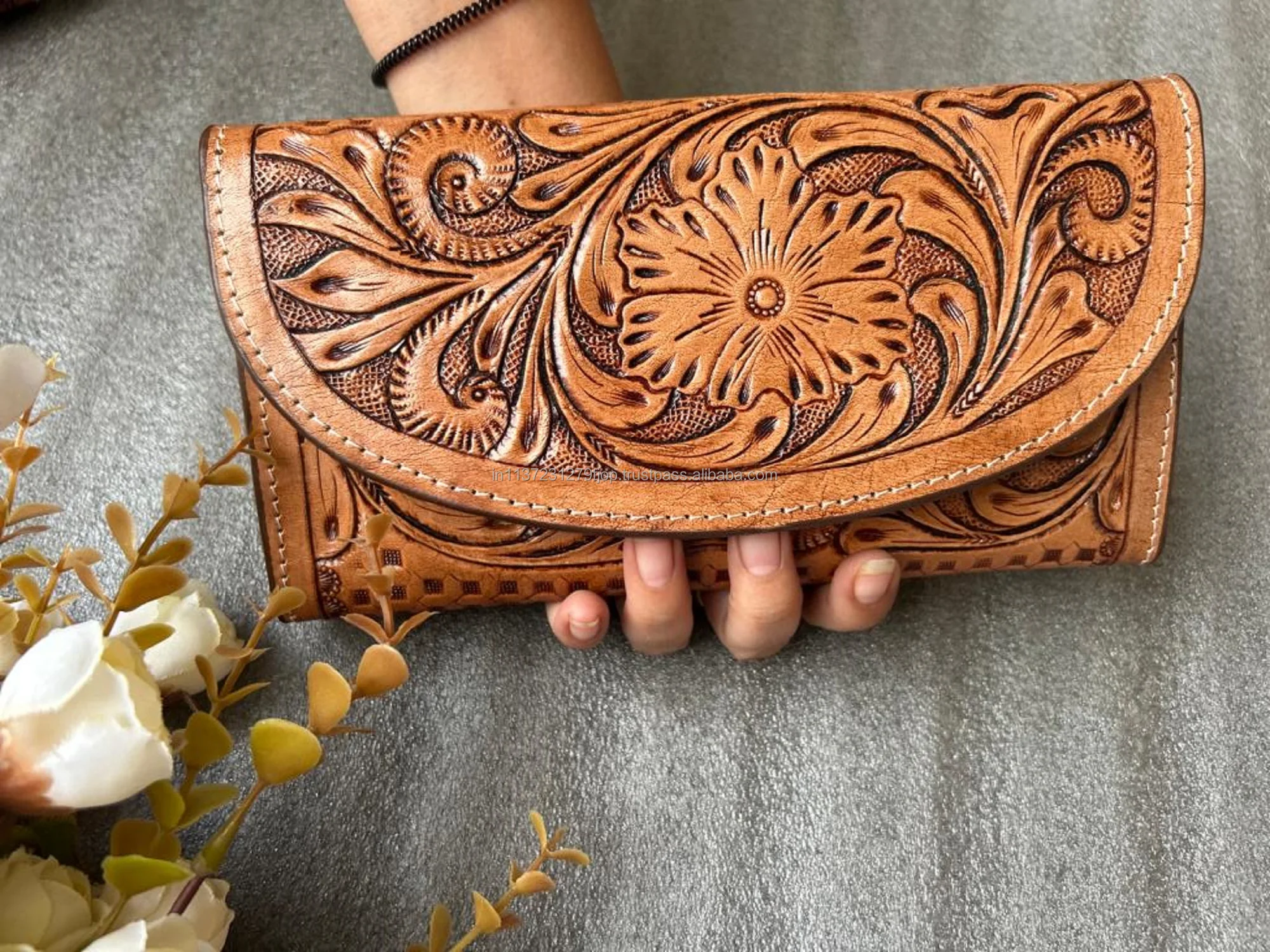 Western Style Embossed Floral Tooled Leather Clutch Women Designed ...