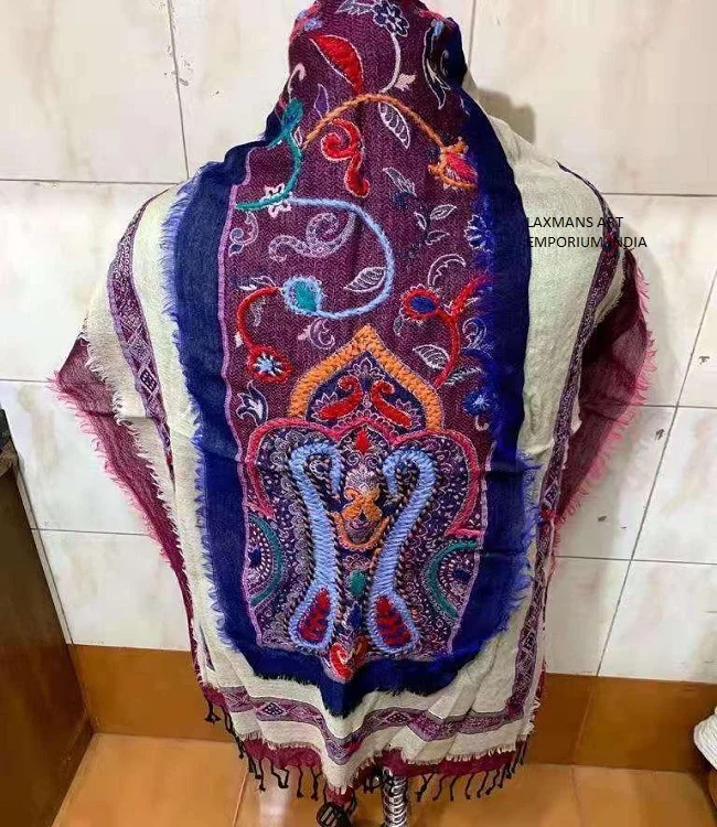 Wool Designer Modal Scarves Shawls Stoles Kashmiri Embroidery Shawls / Stoles From India Designer Wool Embroidery Scarf