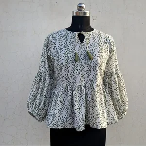 Casual Floral Embroidered Tank Top Hand Block Printed Mandarin Collar Long Sleeve Floral Print Cotton Tank Top For Women