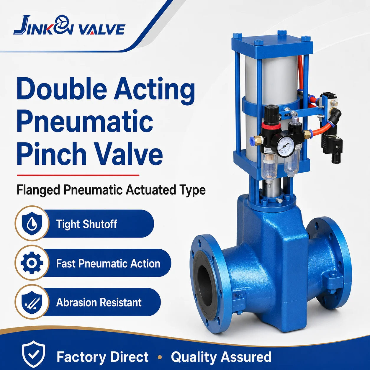 Double Acting Pneumatic Pinch Valve Flanged Rubber Sleeve Slurry Abrasion Resistant Industrial Mining Control Valve DN25-DN400